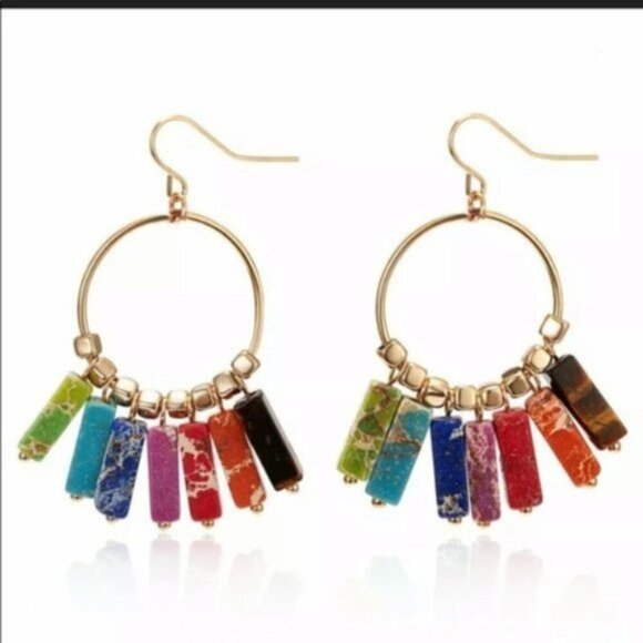 7 Chakra Healing Natural Stone Gold Hoop Earrings - Picture 1 of 4